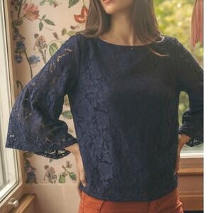 Lauren Ralph Lauren Lace Top Women L Navy Blue Excellent Bell Sleeve Floral